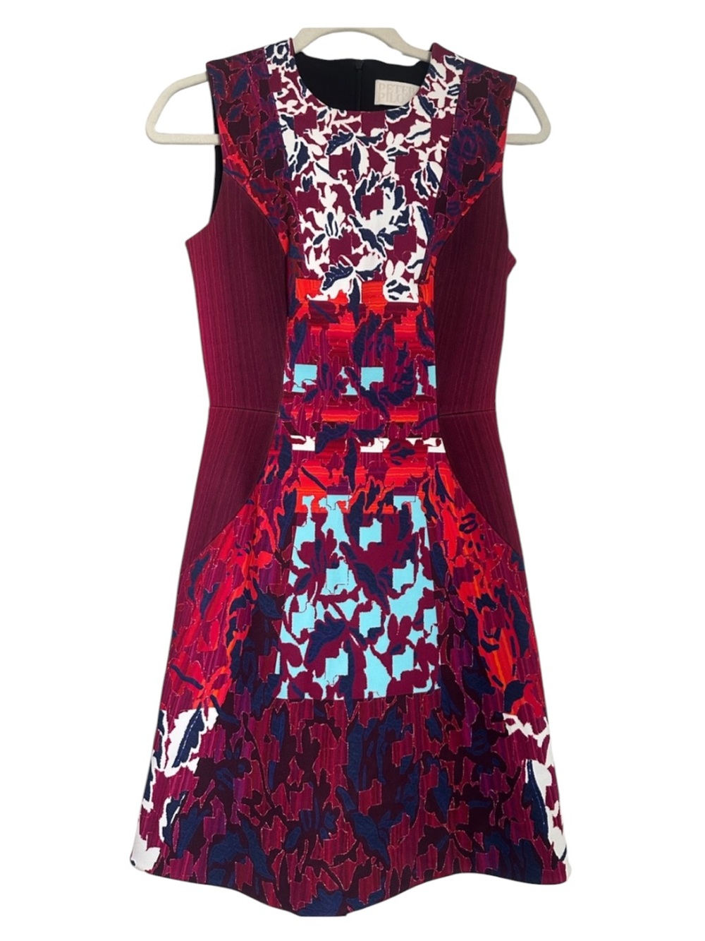 Peter Pilotto Abstract Floral Print Sleeveless Fit & Flare Dress Burgundy Navy